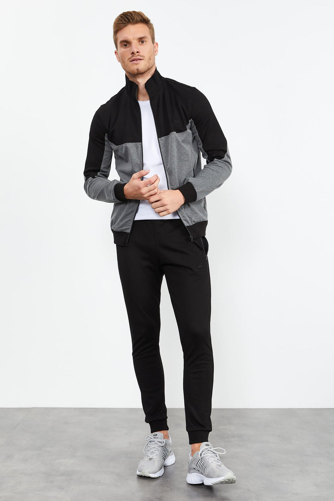 TMY Gray Melange Round Neck Two-Tone Standard Fit Cuffed Men's Tracksuit - 85142 - Hemel Hempstead