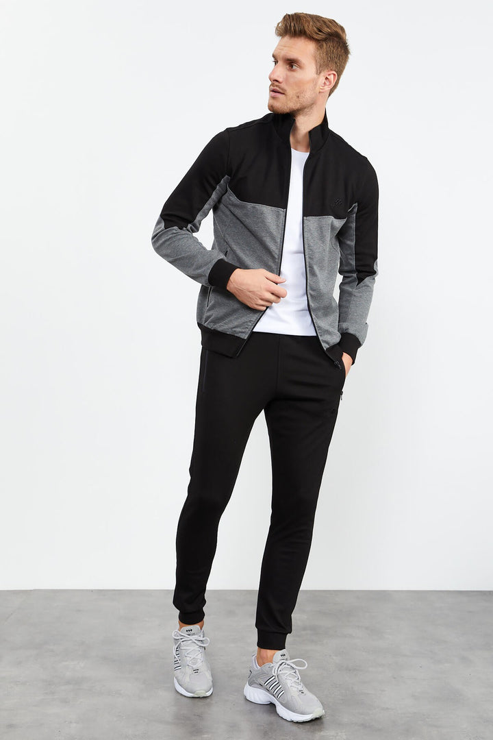 TMY Gray Melange Round Neck Two-Tone Standard Fit Cuffed Men's Tracksuit - 85142 - Hemel Hempstead