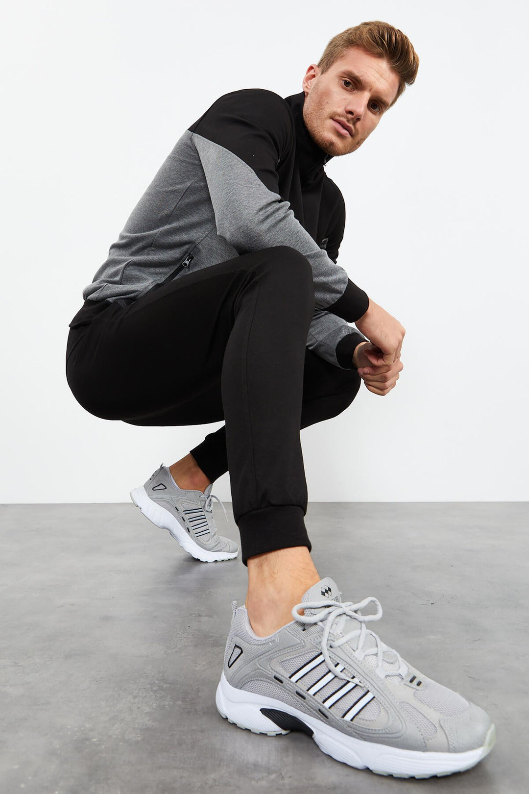 TMY Gray Melange Round Neck Two-Tone Standard Fit Cuffed Men's Tracksuit - 85142 - Hemel Hempstead