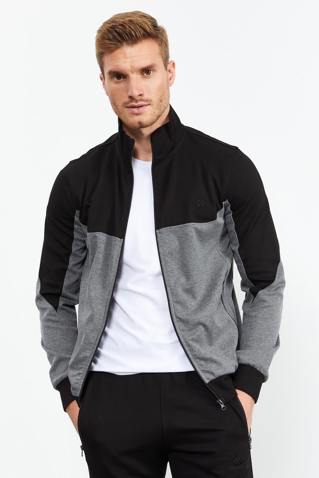 TMY Gray Melange Round Neck Two-Tone Standard Fit Cuffed Men's Tracksuit - 85142 - Hemel Hempstead