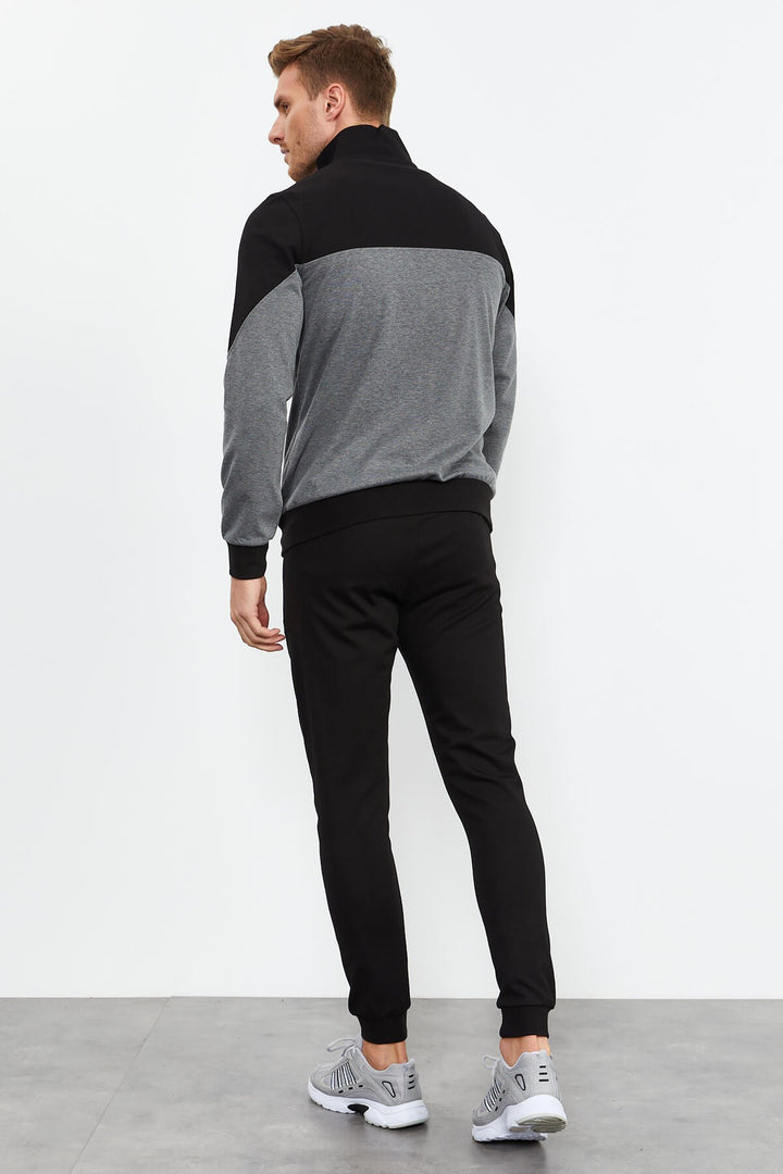 TMY Gray Melange Round Neck Two-Tone Standard Fit Cuffed Men's Tracksuit - 85142 - Hemel Hempstead