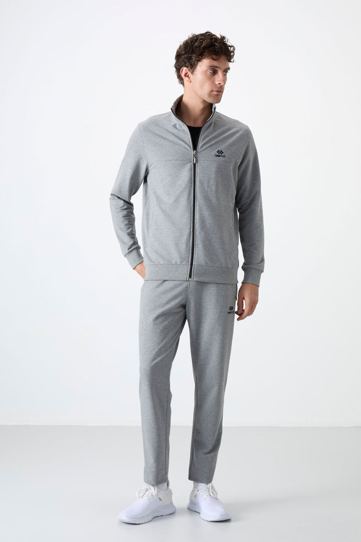 TMY Gray Melange Stand Collar Zippered Comfort Fit Classic Cuff Men's Tracksuit Set - 85072 - Queen Creek
