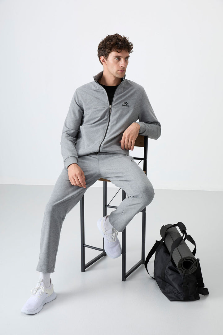 TMY Gray Melange Stand Collar Zippered Comfort Fit Classic Cuff Men's Tracksuit Set - 85072 - Queen Creek