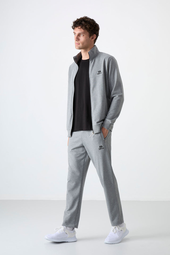 TMY Gray Melange Stand Collar Zippered Comfort Fit Classic Cuff Men's Tracksuit Set - 85072 - Queen Creek