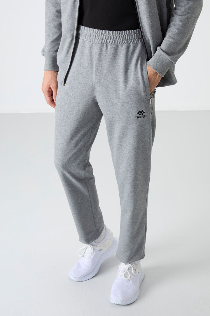 TMY Gray Melange Stand Collar Zippered Comfort Fit Classic Cuff Men's Tracksuit Set - 85072 - Queen Creek