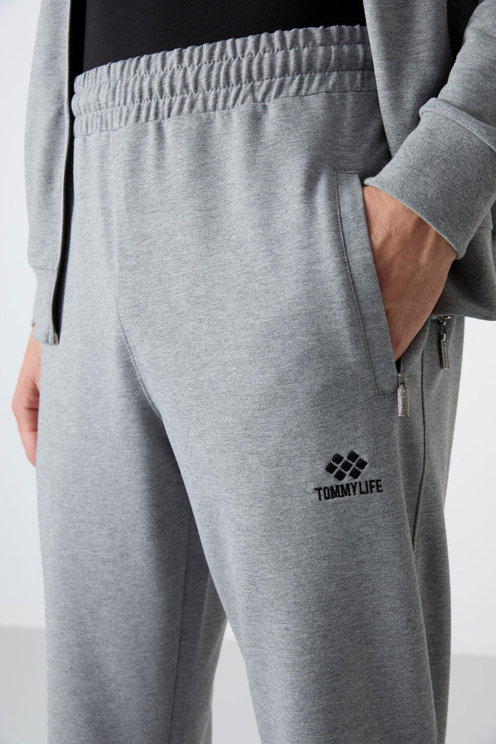 TMY Gray Melange Stand Collar Zippered Comfort Fit Classic Cuff Men's Tracksuit Set - 85072 - Queen Creek
