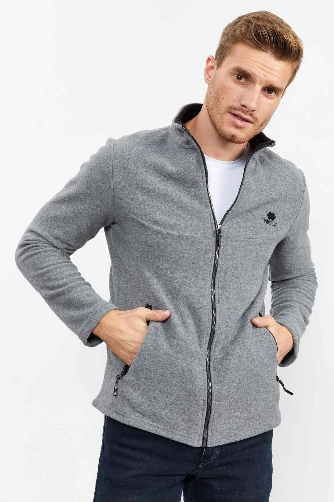 TMY Gray Melange High Neck Zippered Standard Fit Men's Polar Sweatshirt - 87993 - Union