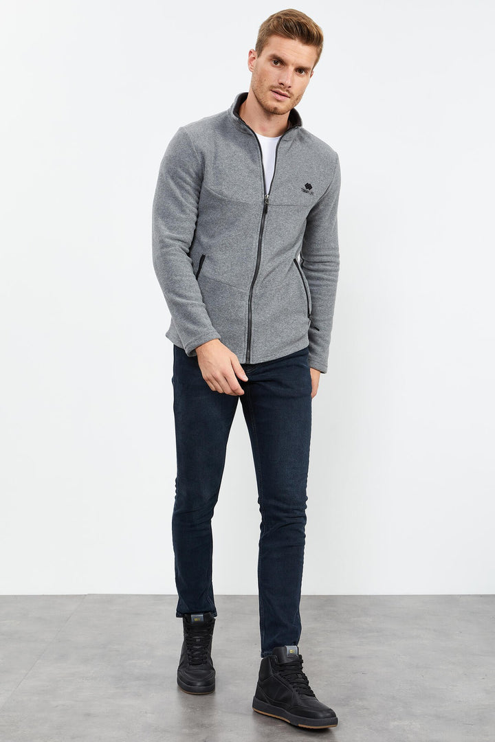 TMY Gray Melange High Neck Zippered Standard Fit Men's Polar Sweatshirt - 87993 - Union