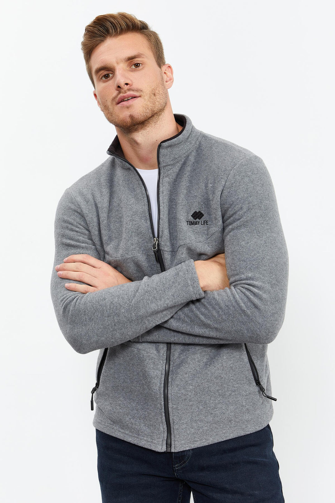 TMY Gray Melange High Neck Zippered Standard Fit Men's Polar Sweatshirt - 87993 - Union