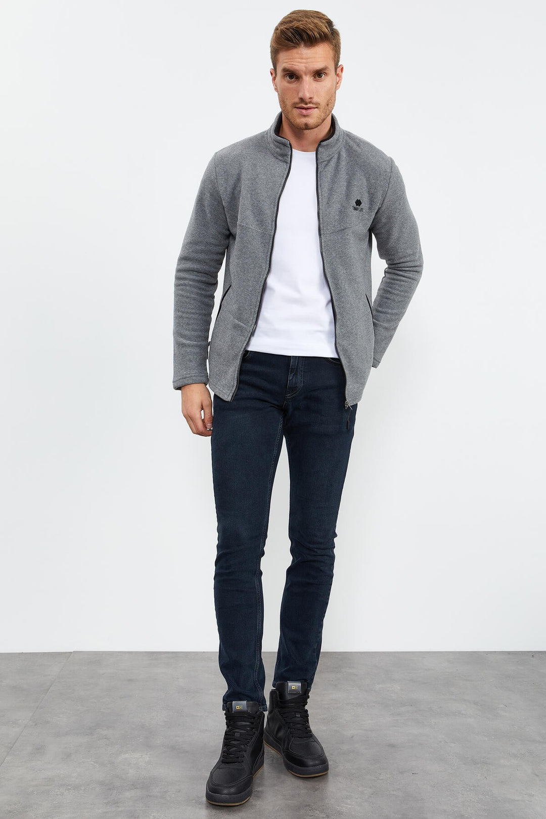 TMY Gray Melange High Neck Zippered Standard Fit Men's Polar Sweatshirt - 87993 - Union