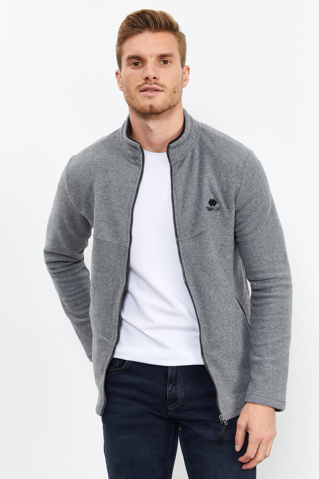 TMY Gray Melange High Neck Zippered Standard Fit Men's Polar Sweatshirt - 87993 - Union