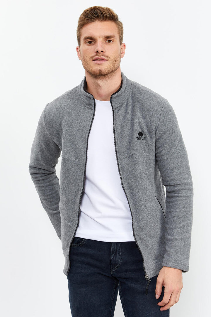 TMY Gray Melange High Neck Zippered Standard Fit Men's Polar Sweatshirt - 87993 - Union