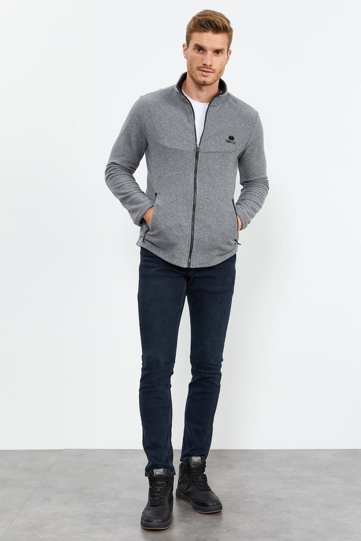 TMY Gray Melange High Neck Zippered Standard Fit Men's Polar Sweatshirt - 87993 - Union
