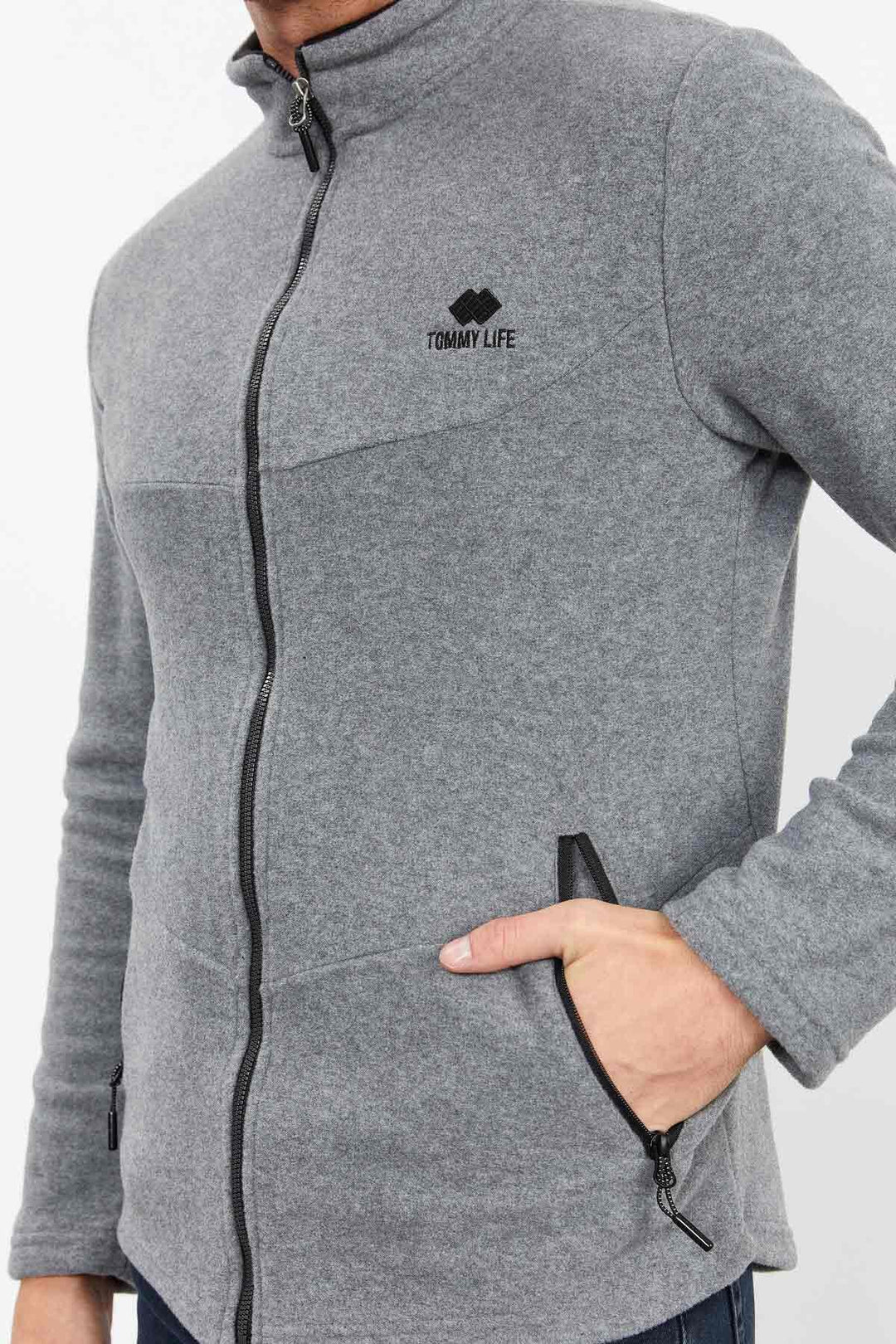 TMY Gray Melange High Neck Zippered Standard Fit Men's Polar Sweatshirt - 87993 - Union