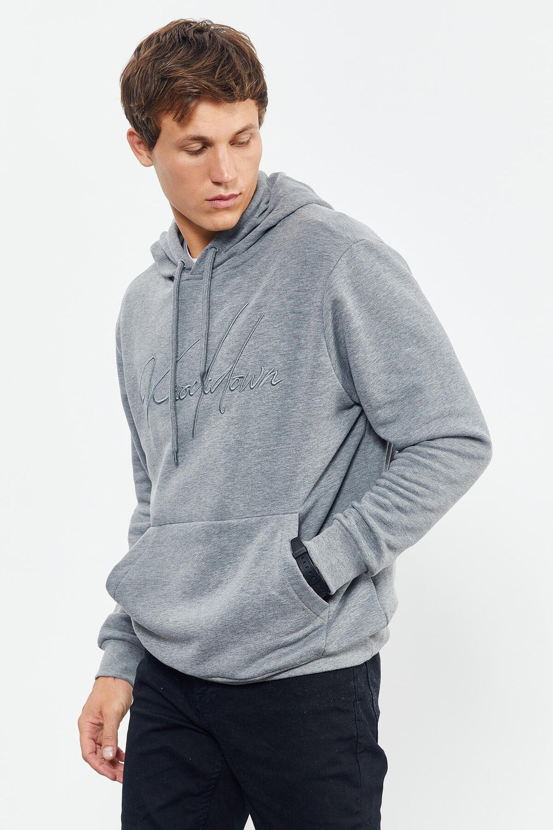 TMY Gray Melange Hooded Comfort Fit Men's Sweatshirt with Handwriting Embroidery - 88007 - Springfield