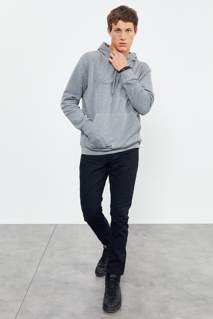 TMY Gray Melange Hooded Comfort Fit Men's Sweatshirt with Handwriting Embroidery - 88007 - Springfield