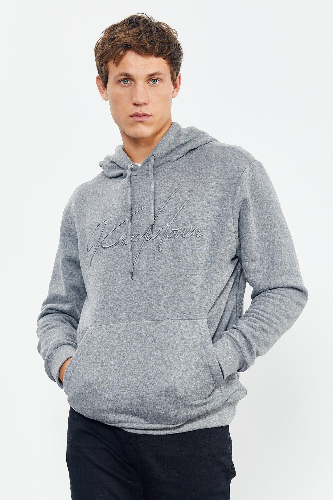 TMY Gray Melange Hooded Comfort Fit Men's Sweatshirt with Handwriting Embroidery - 88007 - Springfield