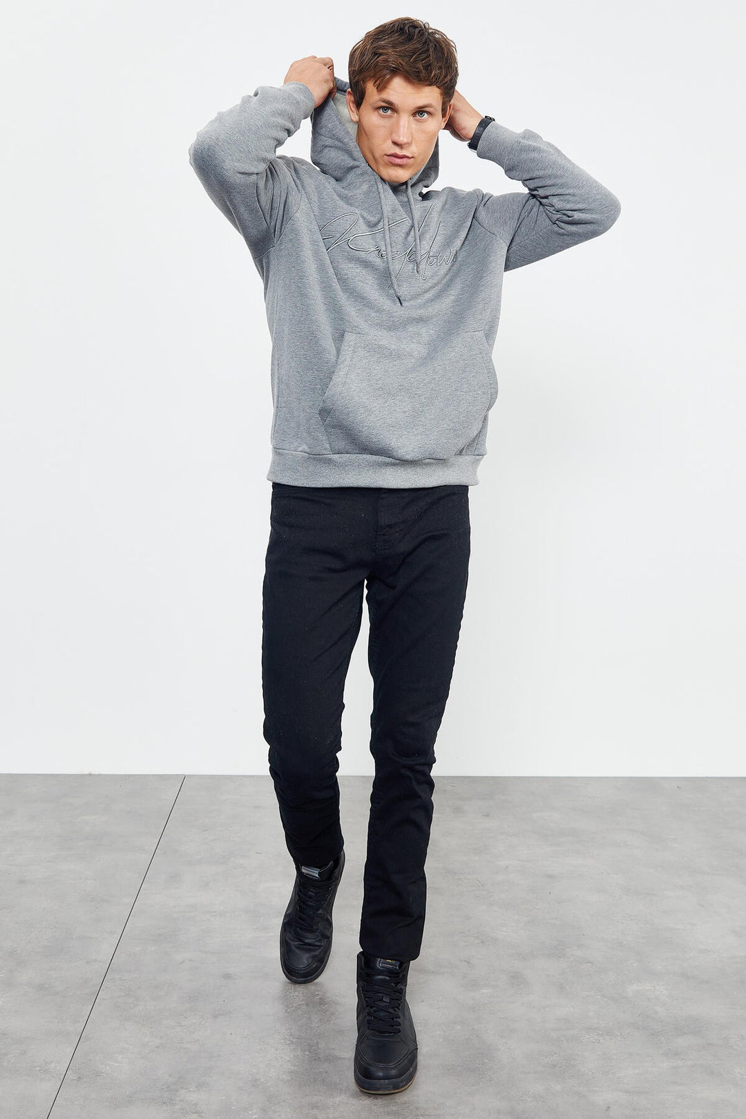 TMY Gray Melange Hooded Comfort Fit Men's Sweatshirt with Handwriting Embroidery - 88007 - Springfield