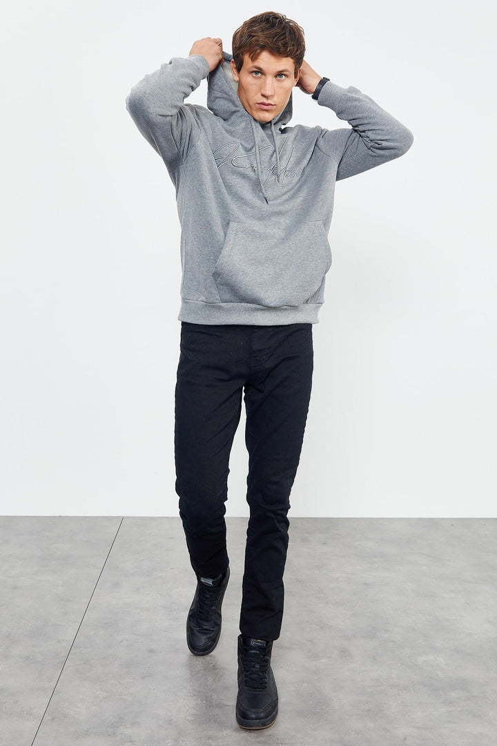 TMY Gray Melange Hooded Comfort Fit Men's Sweatshirt with Handwriting Embroidery - 88007 - Springfield