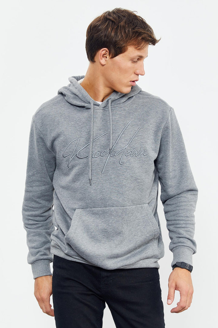 TMY Gray Melange Hooded Comfort Fit Men's Sweatshirt with Handwriting Embroidery - 88007 - Springfield