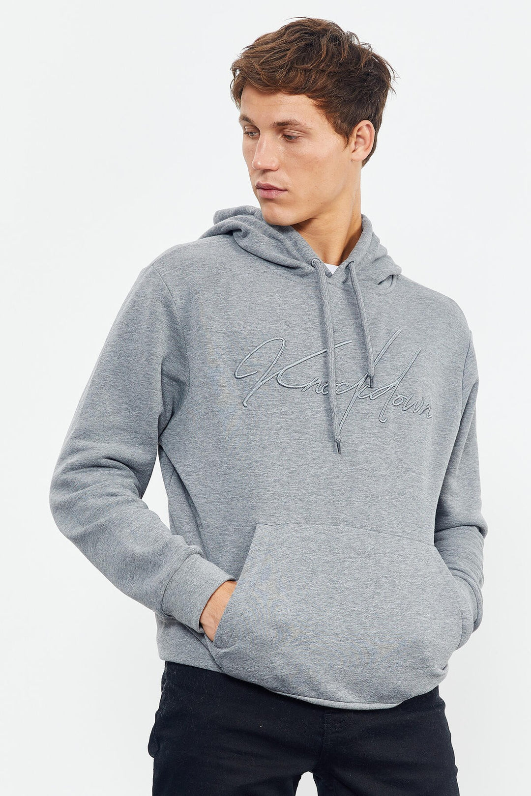 TMY Gray Melange Hooded Comfort Fit Men's Sweatshirt with Handwriting Embroidery - 88007 - Springfield