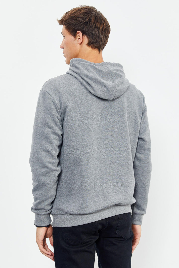 TMY Gray Melange Hooded Comfort Fit Men's Sweatshirt with Handwriting Embroidery - 88007 - Springfield