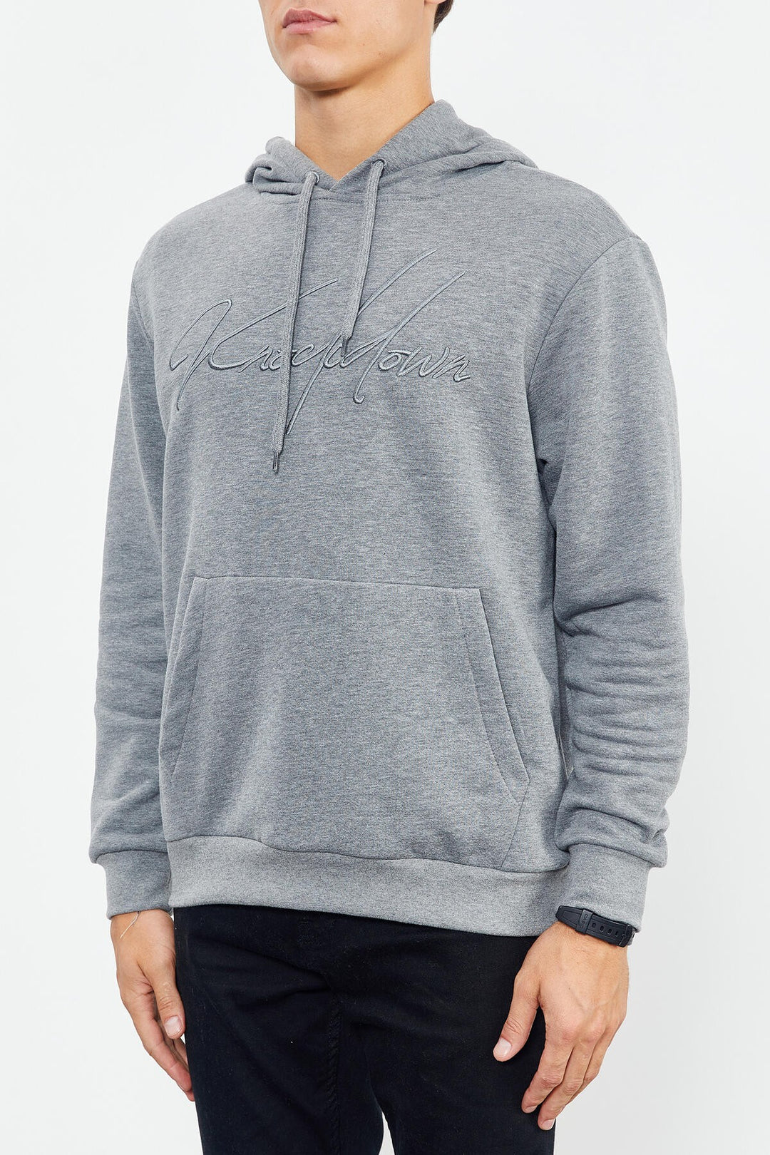 TMY Gray Melange Hooded Comfort Fit Men's Sweatshirt with Handwriting Embroidery - 88007 - Springfield