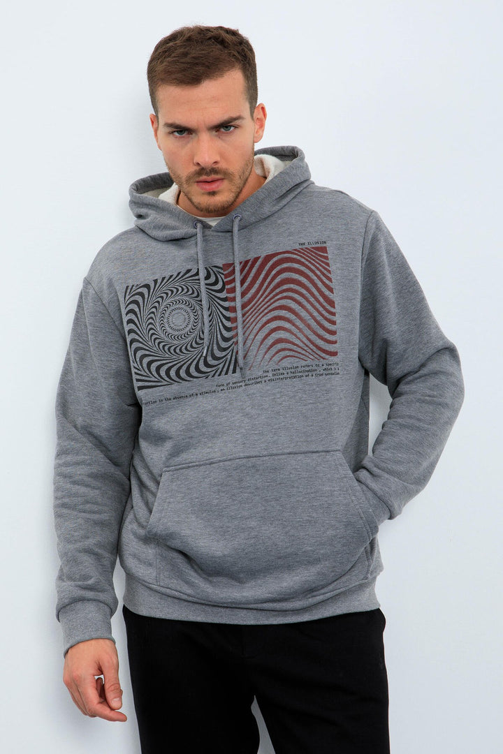 TMY Gray Melange Patterned Hooded Comfort Fit Men's Sweatshirt - 88030 - Cuetzalan