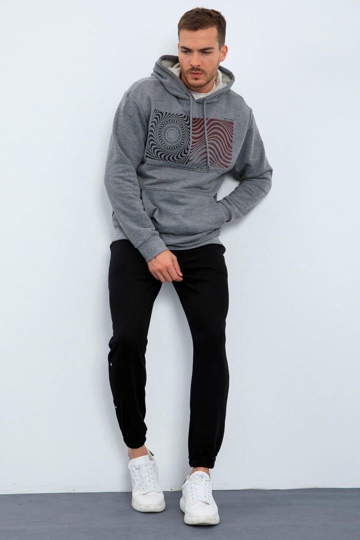 TMY Gray Melange Patterned Hooded Comfort Fit Men's Sweatshirt - 88030 - Cuetzalan