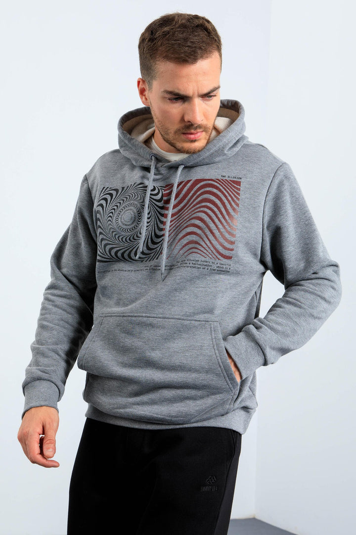 TMY Gray Melange Patterned Hooded Comfort Fit Men's Sweatshirt - 88030 - Cuetzalan