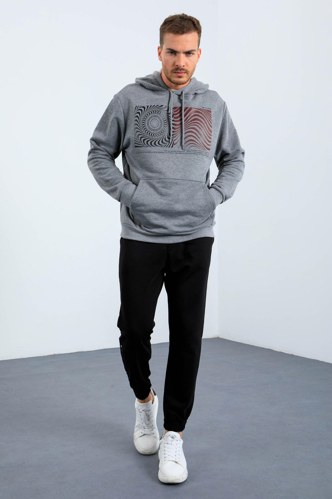 TMY Gray Melange Patterned Hooded Comfort Fit Men's Sweatshirt - 88030 - Cuetzalan