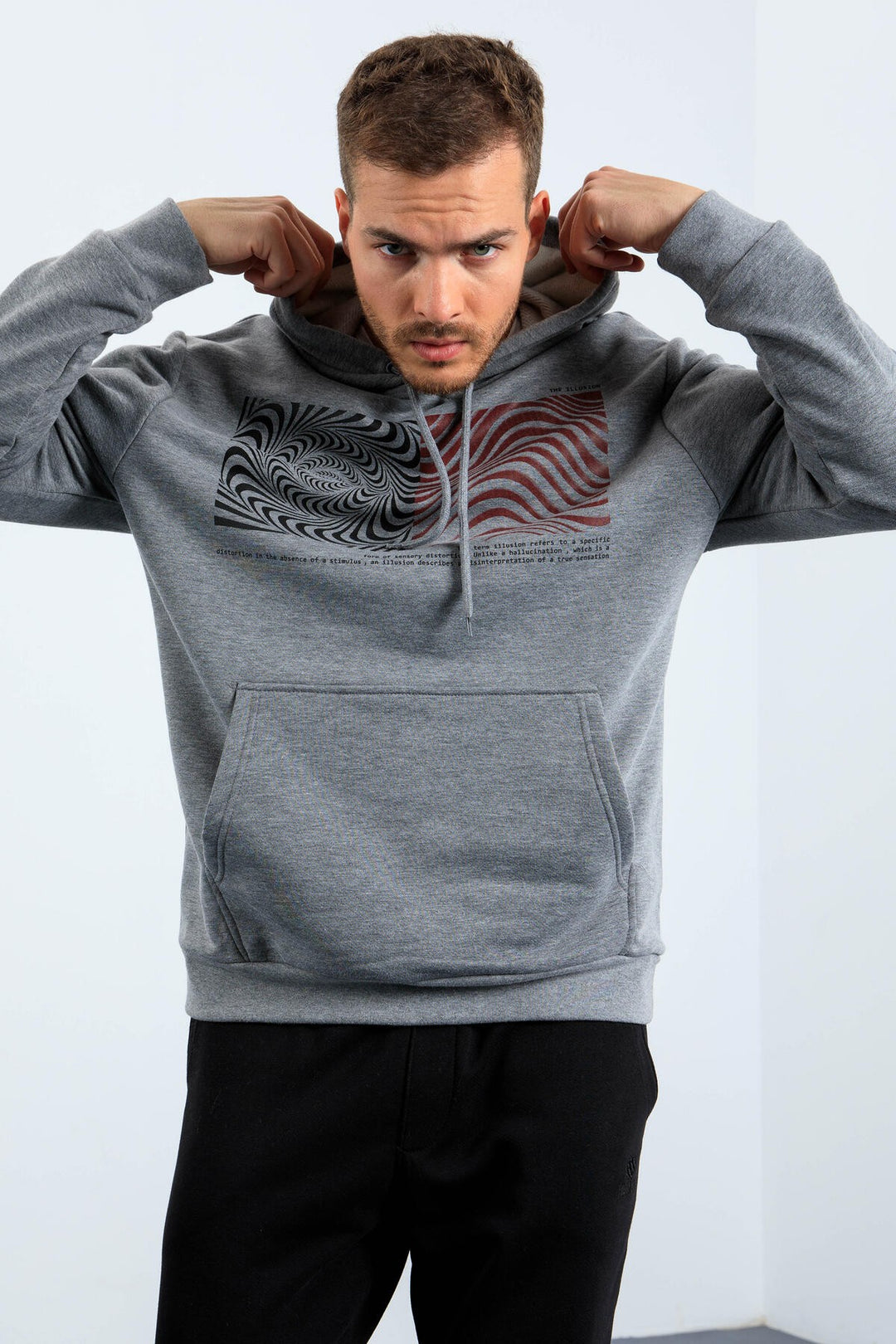 TMY Gray Melange Patterned Hooded Comfort Fit Men's Sweatshirt - 88030 - Cuetzalan