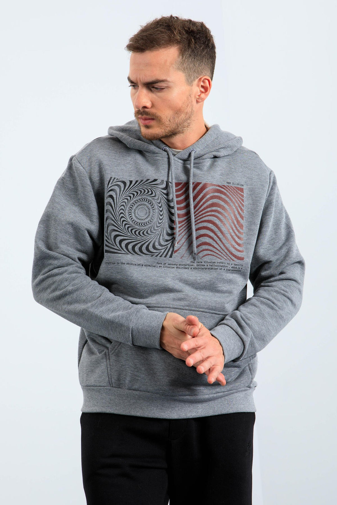 TMY Gray Melange Patterned Hooded Comfort Fit Men's Sweatshirt - 88030 - Cuetzalan