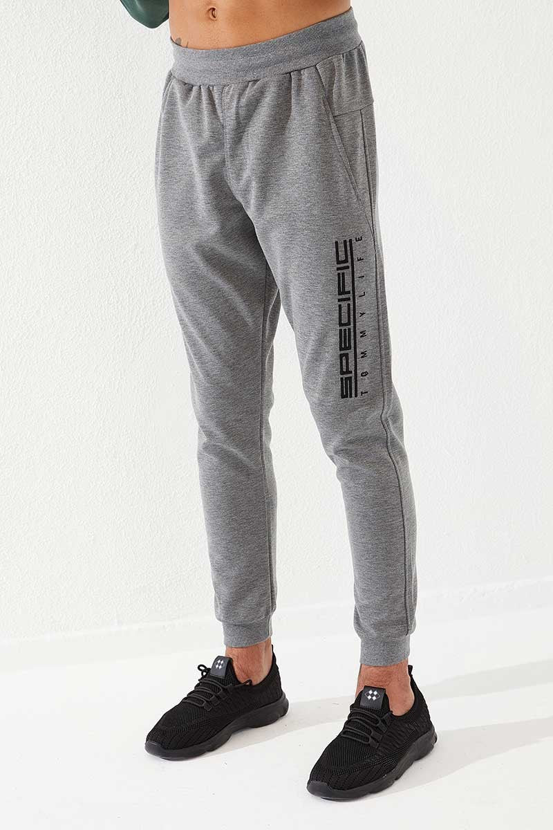 TMY Gray Melange Zippered Pocket Embroidered Slim Fit Jogger Men's Sweatpants - 84785 - Ocala