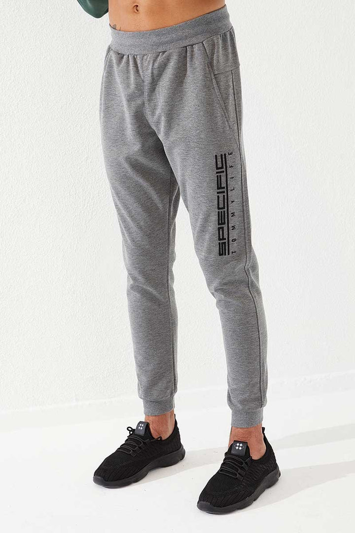 TMY Gray Melange Zippered Pocket Embroidered Slim Fit Jogger Men's Sweatpants - 84785 - Ocala