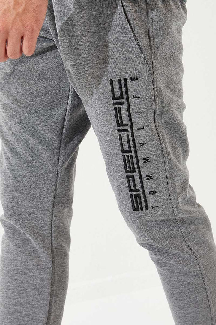 TMY Gray Melange Zippered Pocket Embroidered Slim Fit Jogger Men's Sweatpants - 84785 - Ocala