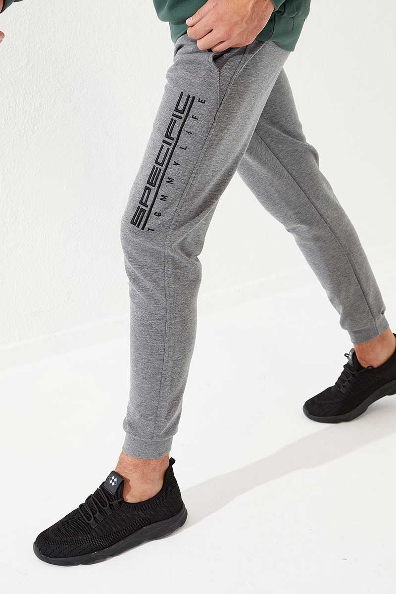 TMY Gray Melange Zippered Pocket Embroidered Slim Fit Jogger Men's Sweatpants - 84785 - Ocala