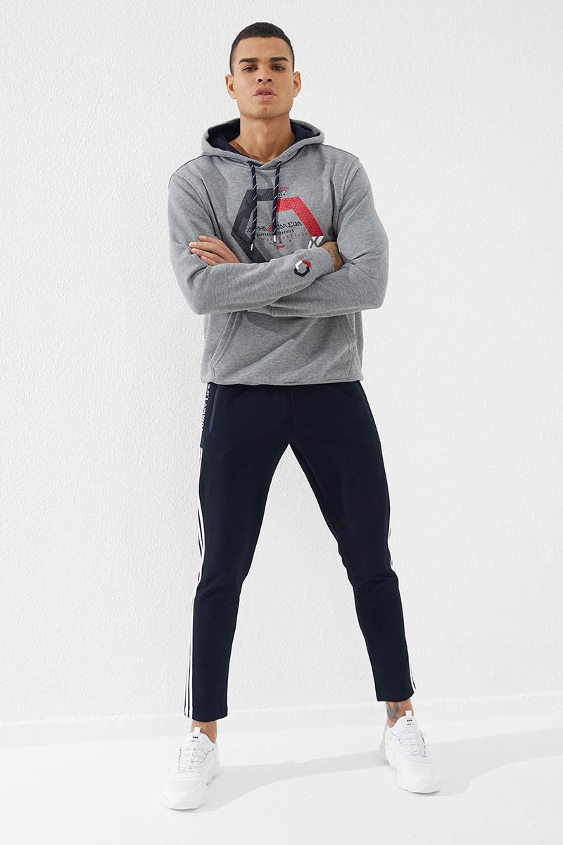 TMY Gray Melange Geometric Printed Standard Fit Hooded Men's Sweatshirt - 87870 - Khrustalnyi