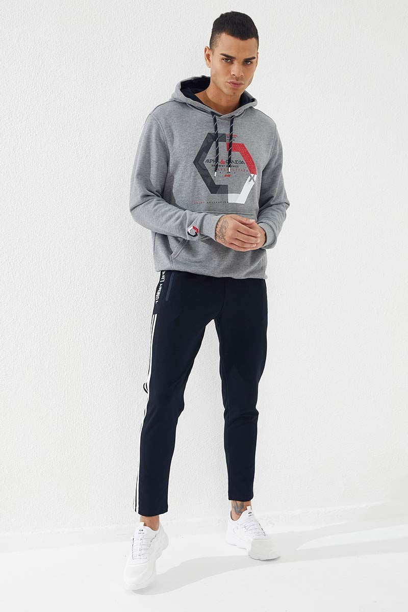 TMY Gray Melange Geometric Printed Standard Fit Hooded Men's Sweatshirt - 87870 - Khrustalnyi