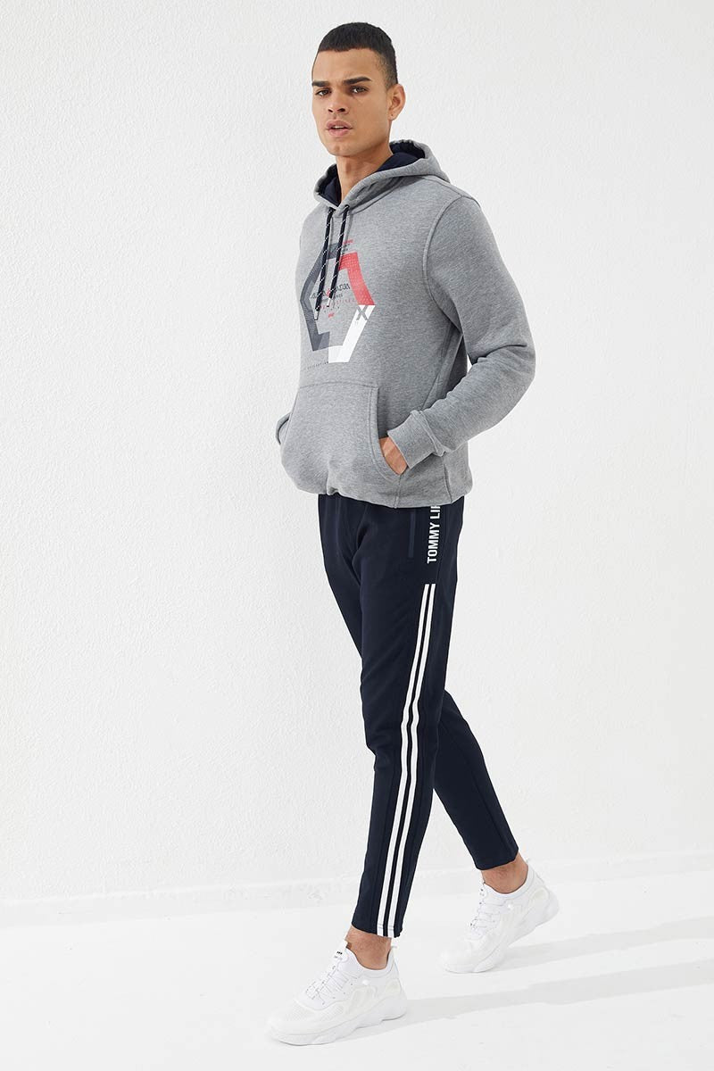 TMY Gray Melange Geometric Printed Standard Fit Hooded Men's Sweatshirt - 87870 - Khrustalnyi