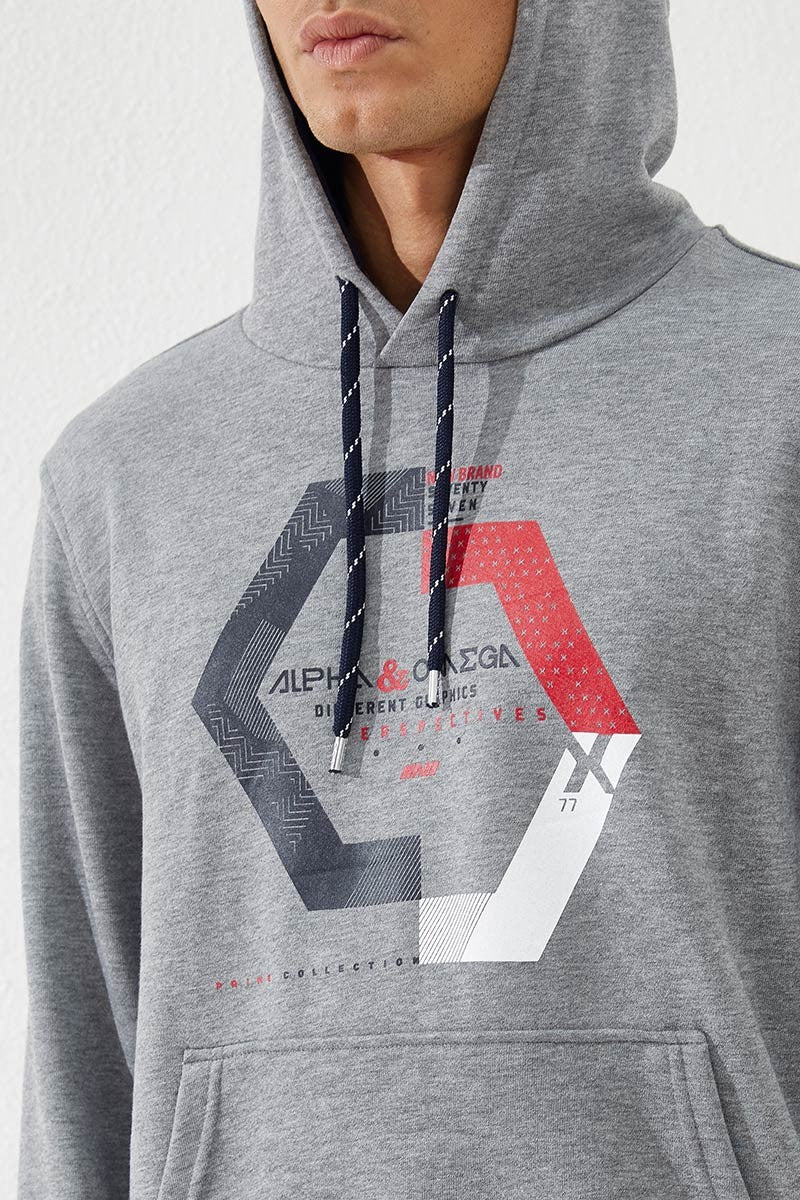 TMY Gray Melange Geometric Printed Standard Fit Hooded Men's Sweatshirt - 87870 - Khrustalnyi
