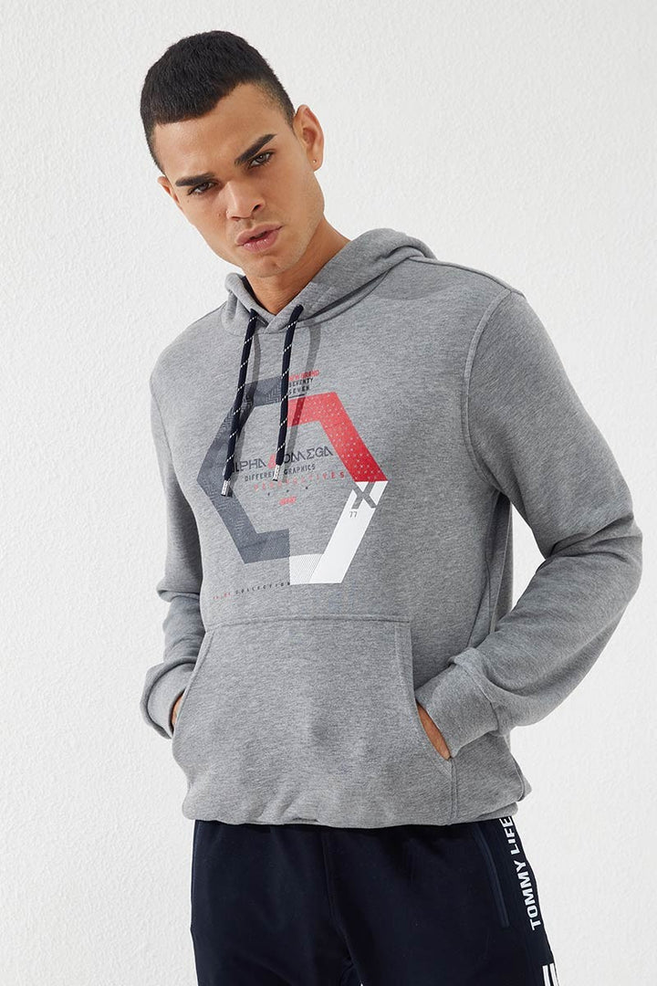 TMY Gray Melange Geometric Printed Standard Fit Hooded Men's Sweatshirt - 87870 - Khrustalnyi