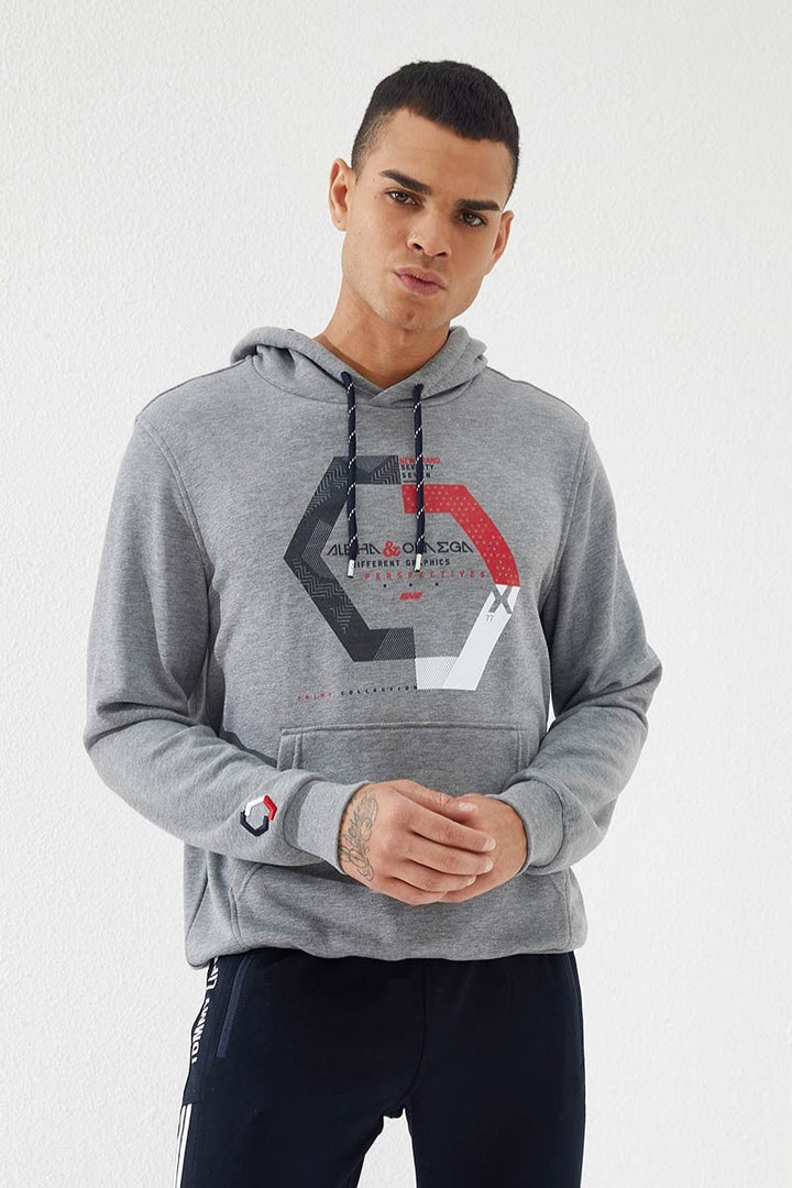 TMY Gray Melange Geometric Printed Standard Fit Hooded Men's Sweatshirt - 87870 - Khrustalnyi