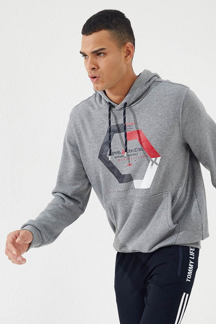 TMY Gray Melange Geometric Printed Standard Fit Hooded Men's Sweatshirt - 87870 - Khrustalnyi