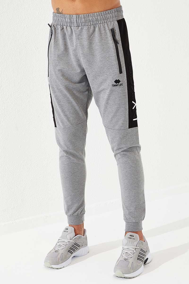 TMY Gray Melange Men's Embroidered Detail Slim Fit Jogger Sweatpants - 84792 - Bagneux