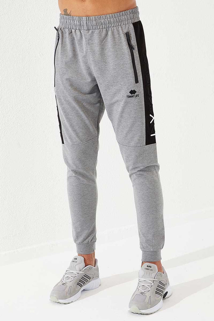 TMY Gray Melange Men's Embroidered Detail Slim Fit Jogger Sweatpants - 84792 - Bagneux