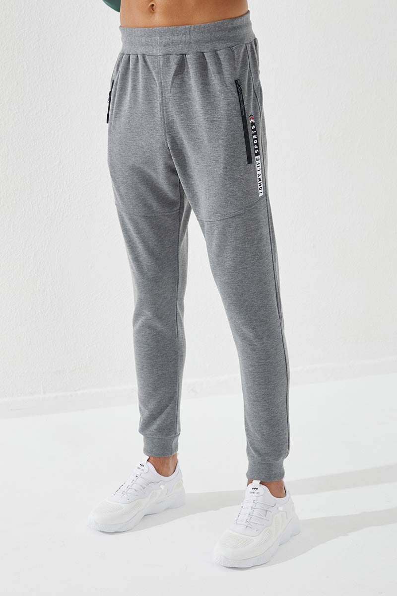 TMY Gray Melange Zippered Pocket Embroidered Detail Slim Fit Jogger Men's Sweatpants - 84783 - Inglewood