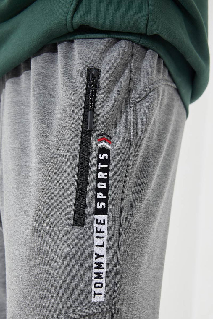 TMY Gray Melange Zippered Pocket Embroidered Detail Slim Fit Jogger Men's Sweatpants - 84783 - Inglewood