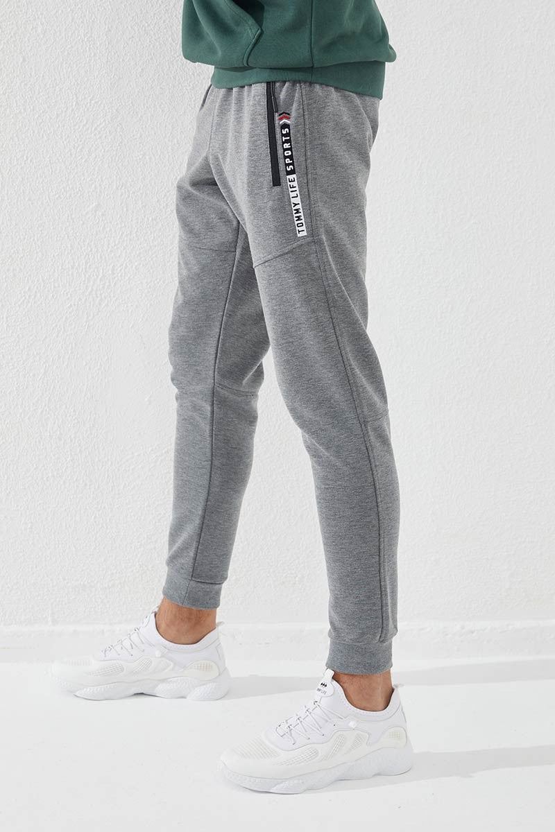 TMY Gray Melange Zippered Pocket Embroidered Detail Slim Fit Jogger Men's Sweatpants - 84783 - Inglewood