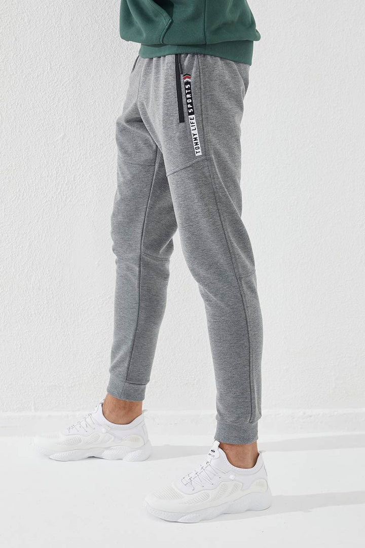 TMY Gray Melange Zippered Pocket Embroidered Detail Slim Fit Jogger Men's Sweatpants - 84783 - Inglewood